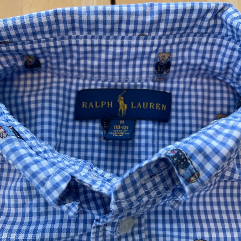 Ralph Lauren Blue Gingham Teddy Bear Boys Shirt M 10-12